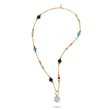 Long Turquoise and Multicolor Beaded Necklace with White Pendant