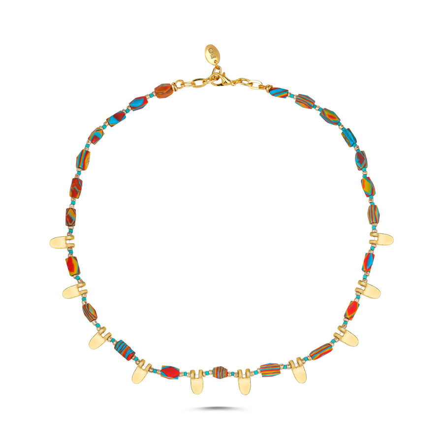 Rainbow Swirl Beaded Gold Tab Necklace