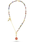 Long Rainbow Beaded Necklace with Red Evil Eye Pendant