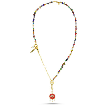 Long Rainbow Beaded Necklace with Red Evil Eye Pendant