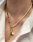 Long Ribbed Rainbow & Pearl Necklace with Feather Charm Pendants
