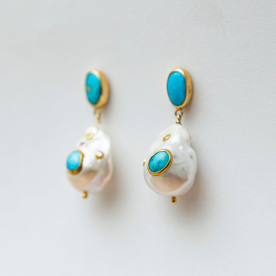 Blue Coral Drop Earring with Baroque Pearl
