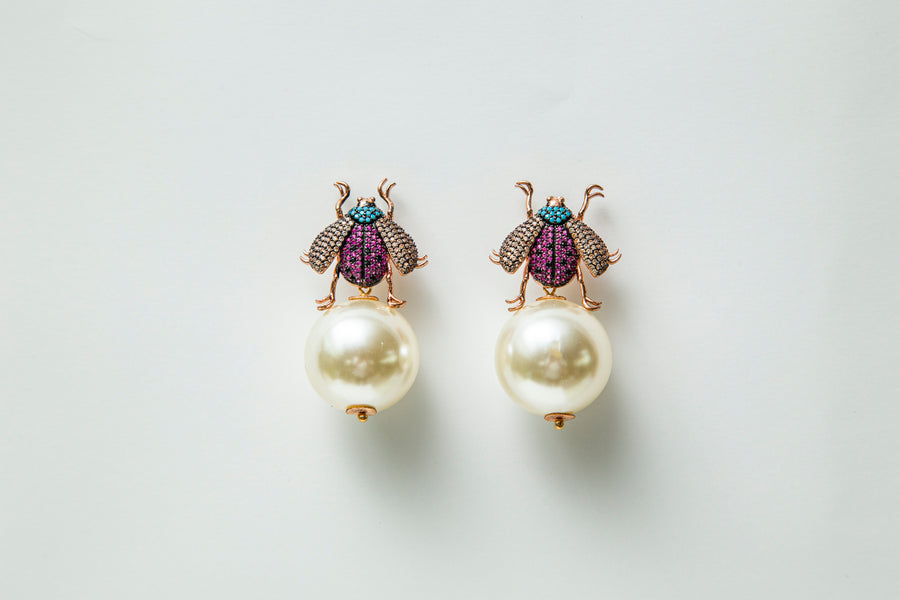 Multicolor Bee Drop Earring with Mini White Ball