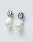 Sparkly Blue and Silver Round Drop Earring with Baroque Pearl