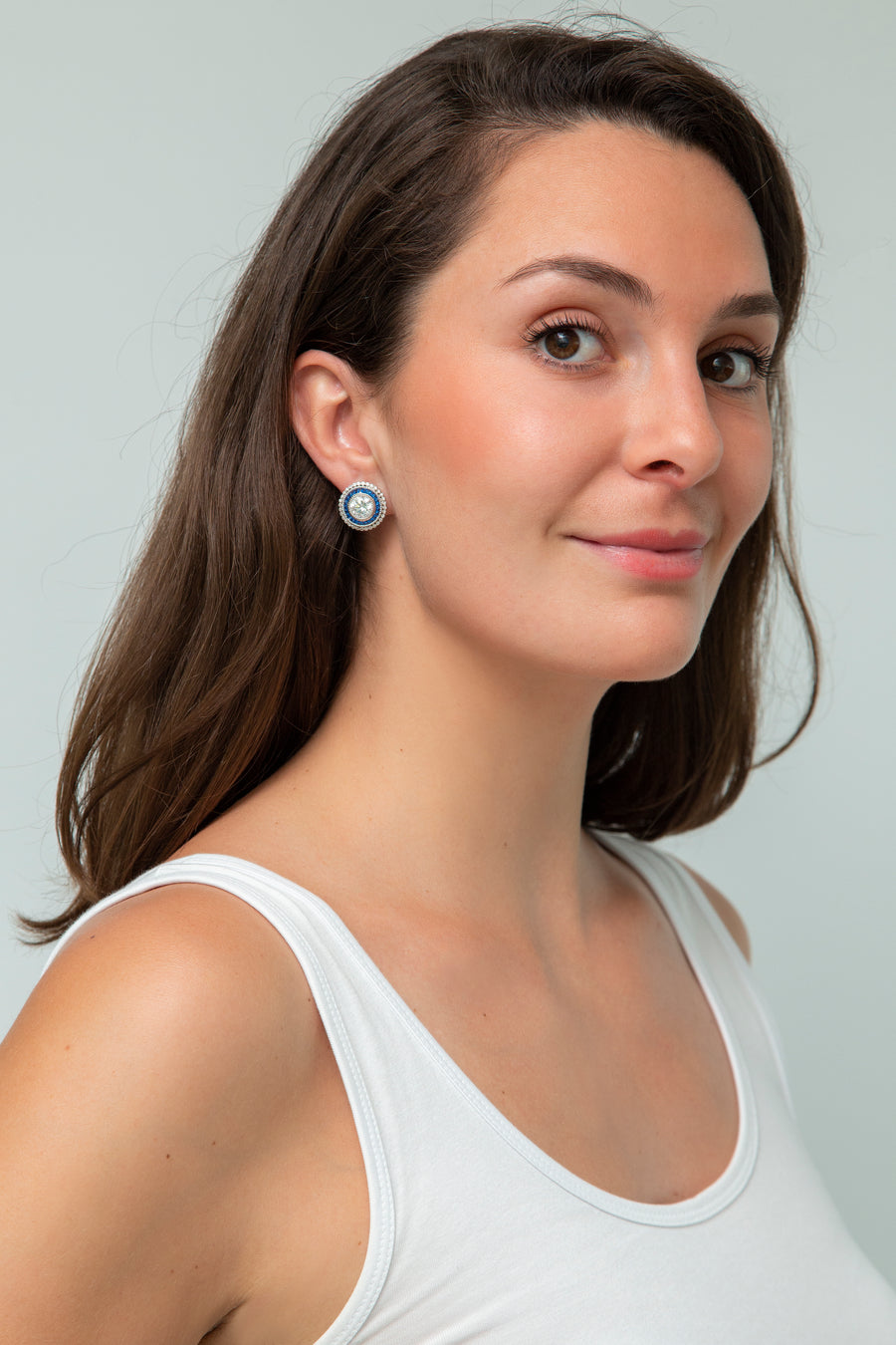Sparkly Blue and Silver Round Drop Earring with Baroque Pearl