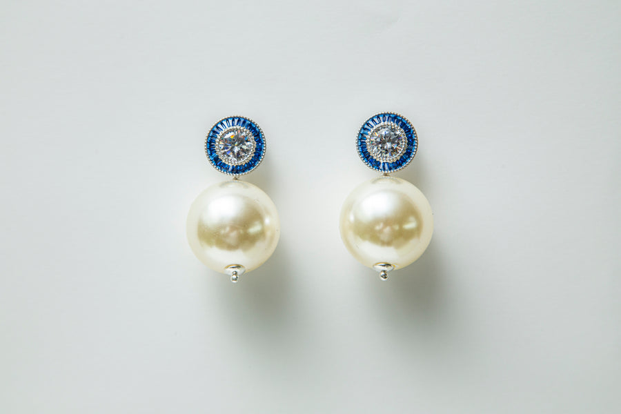 Sparkly Blue and Silver Round Drop Earring with Mini White Ball