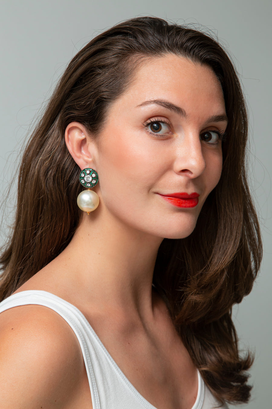 Sparkly Emerald Drop Earring with Mini White Ball