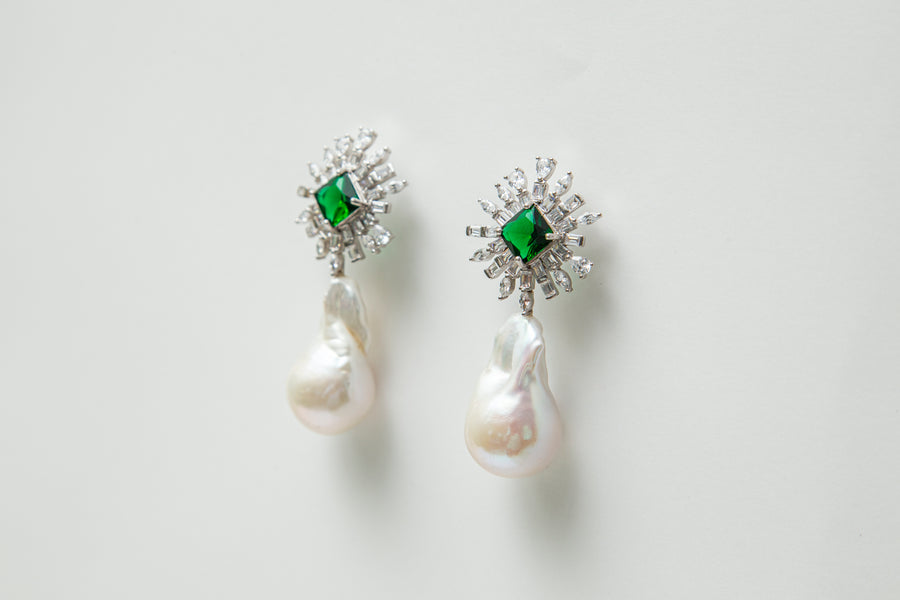 Sparkly Green Art Deco Drop Earring with Baroque Pearl