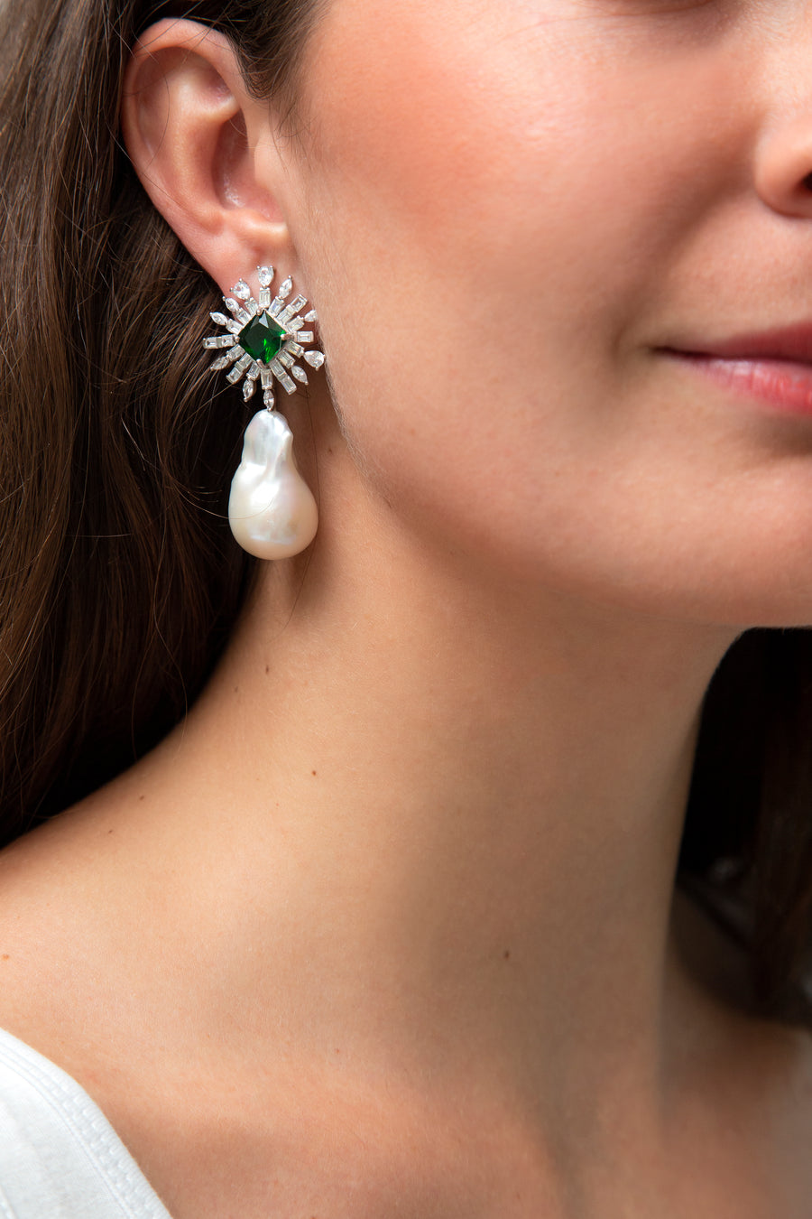 Sparkly Green Art Deco Drop Earring with Baroque Pearl
