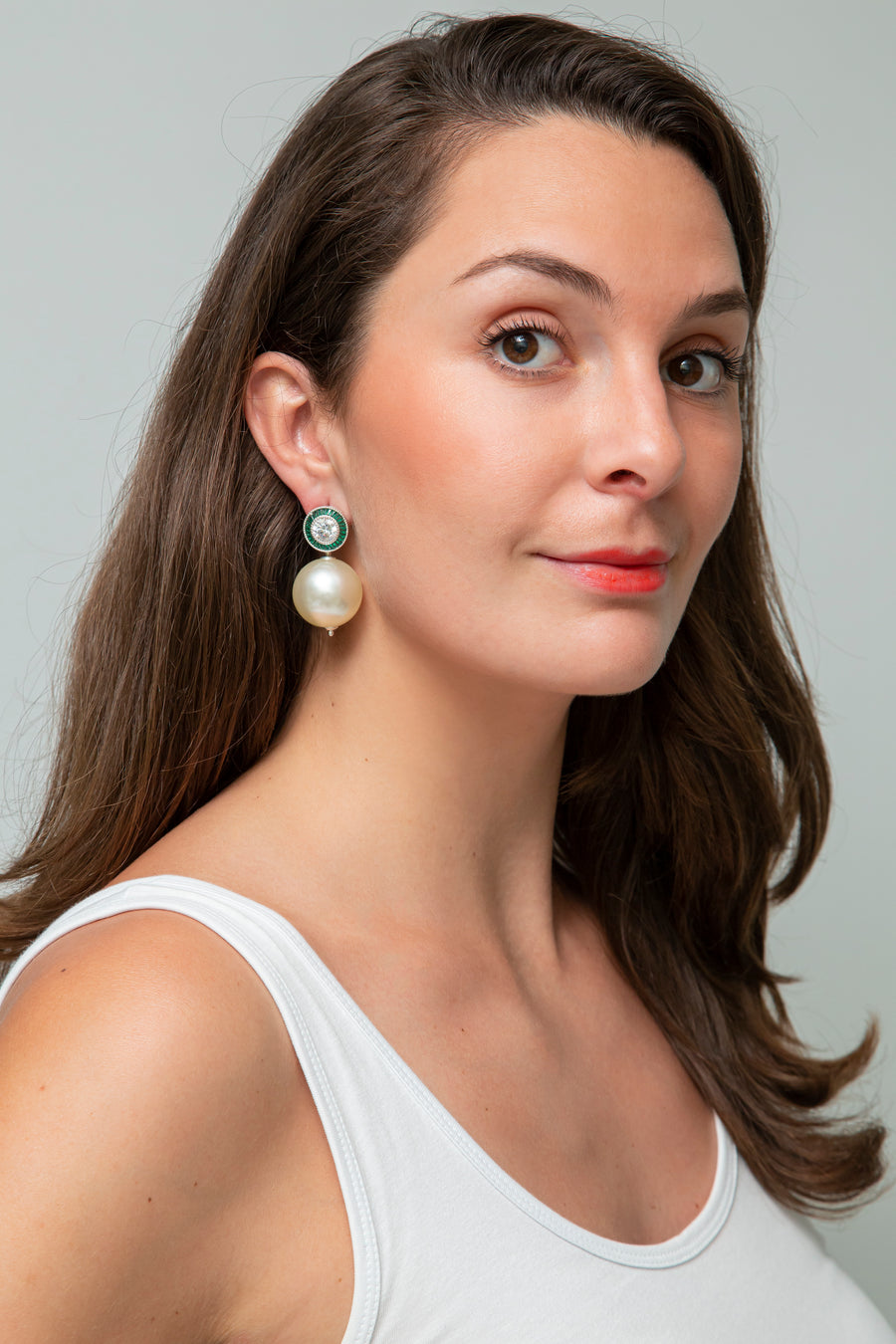 Sparkly Green and Silver Round Drop Earring with Mini White Ball