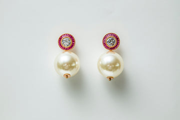 Sparkly Pink and Gold Round Drop Earring with Mini White Ball