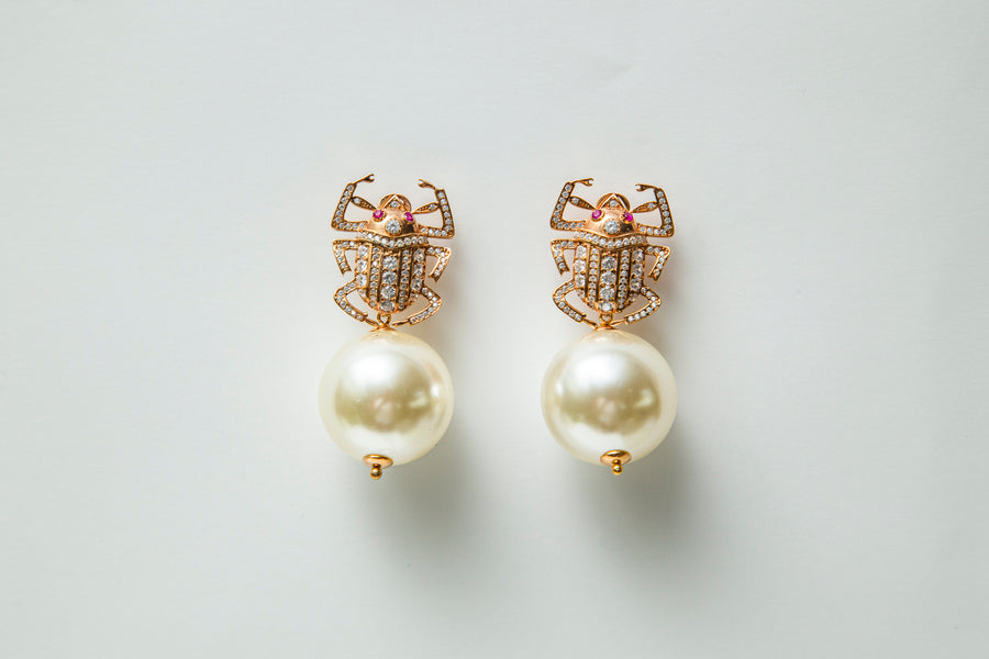Sparkly Rose Gold Beetle Drop Earring with Mini White Ball