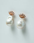 Sparkly Rose Gold Evil Eye Drop Earring with Baroque Pearl