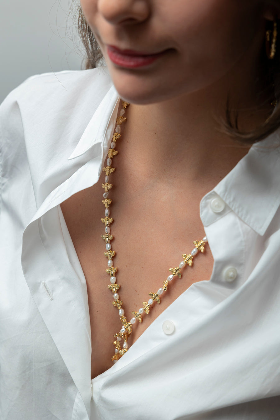 Bee_Love_Long_Gold _ Pearl Necklace