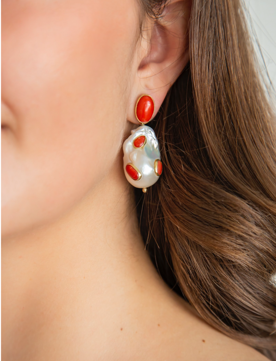 Coral Drop Earrings with Baroque Pearl